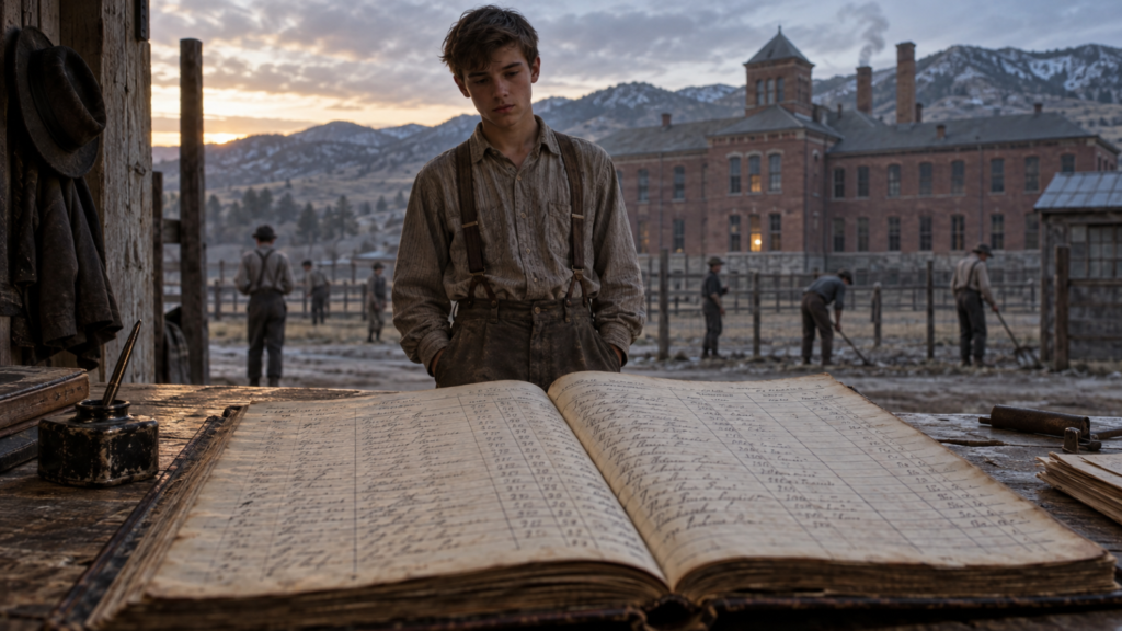 Historical reconstruction of a boy standing behind an institutional ledger at Colorado’s State Industrial School near Golden.